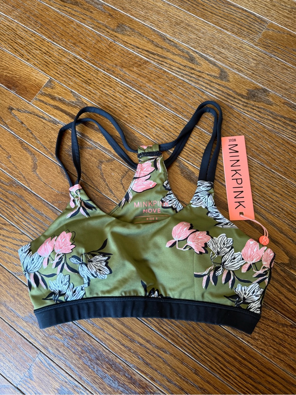 MINKPINK Olive Floral Racerback Sports Bralette with Black Trim